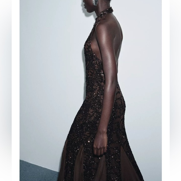 NWT Zara Elegant Brown Sequin Halter Dress - Picture 5 of 10